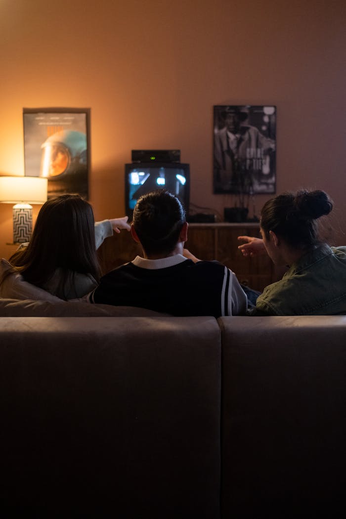 Three friends sitting on a couch enjoy a cozy movie night together, pointing at the TV screen.
